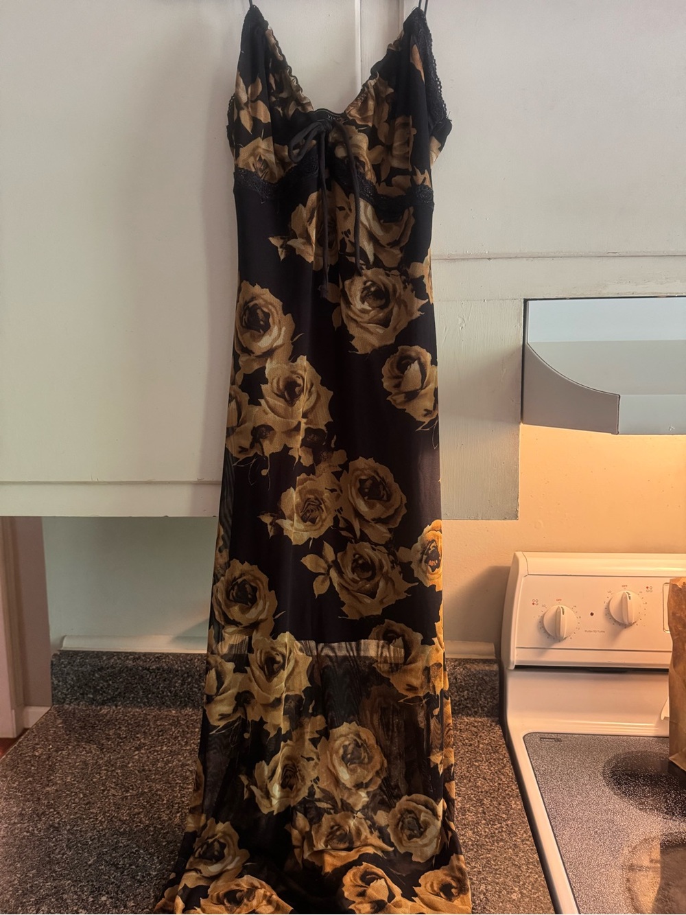 Y2K Vibe Sportswear Black Brown Rose Floral Mesh Maxi Dress Sz XL